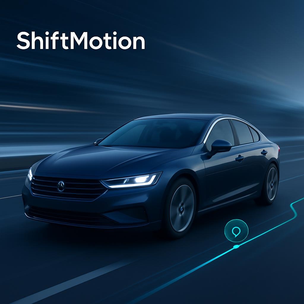 Modernes Fahrzeug auf nächtlicher Straße mit ShiftMotion-Branding – Symbolbild für professionelle Fahrzeugüberführungen und Mobilitätslogistik.
